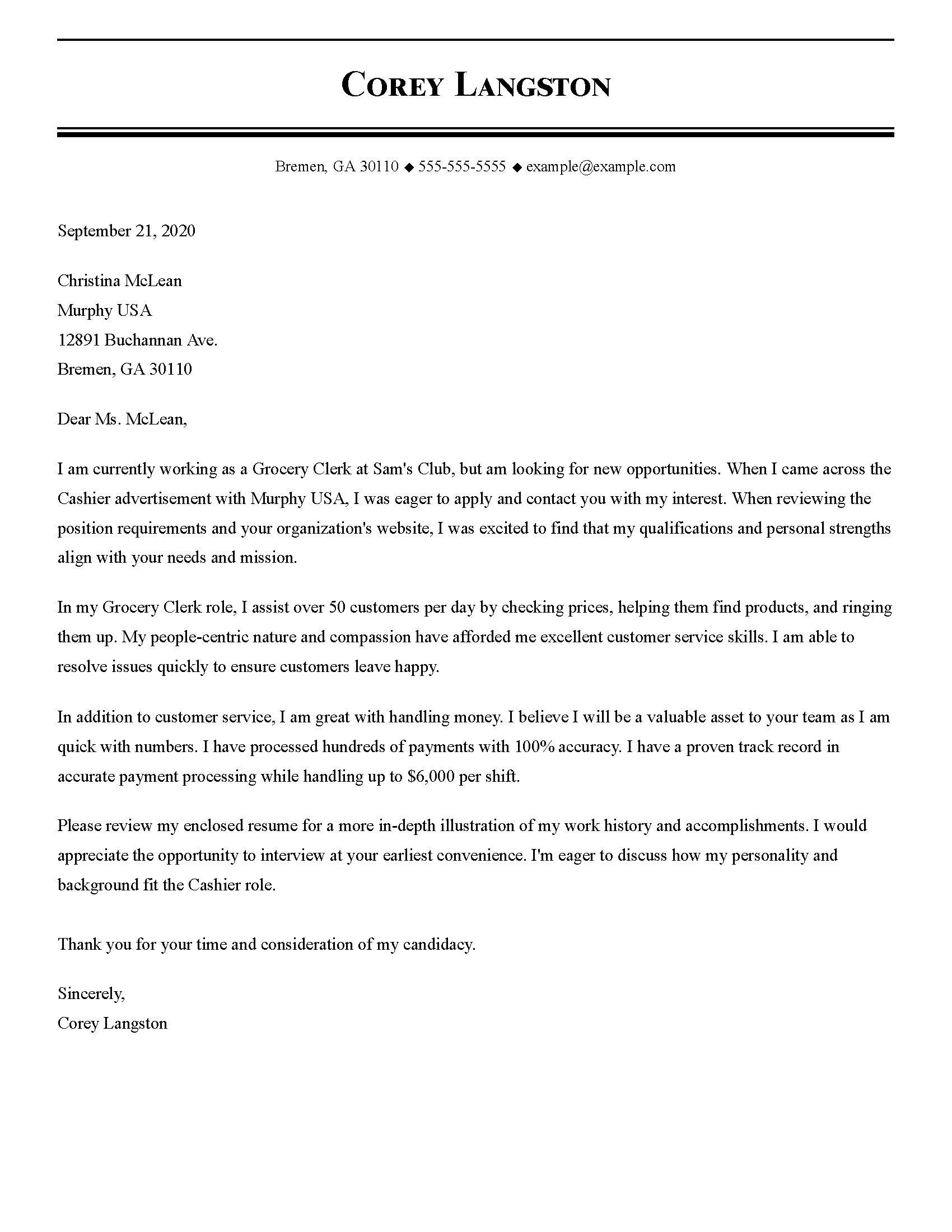 cover letter for cashier experience