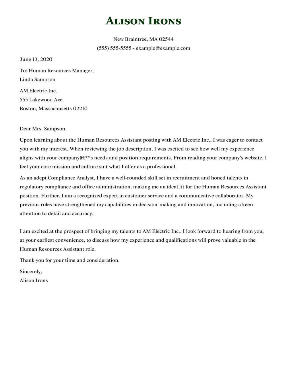 sample cover letter for human resources job application