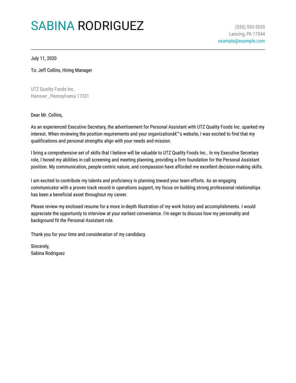cover letter for personal assistant examples